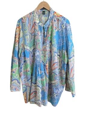 Lauren Ralph Lauren 100% Cotton Colorful Boho Paisley Tunic Blouse. Size 3XL
